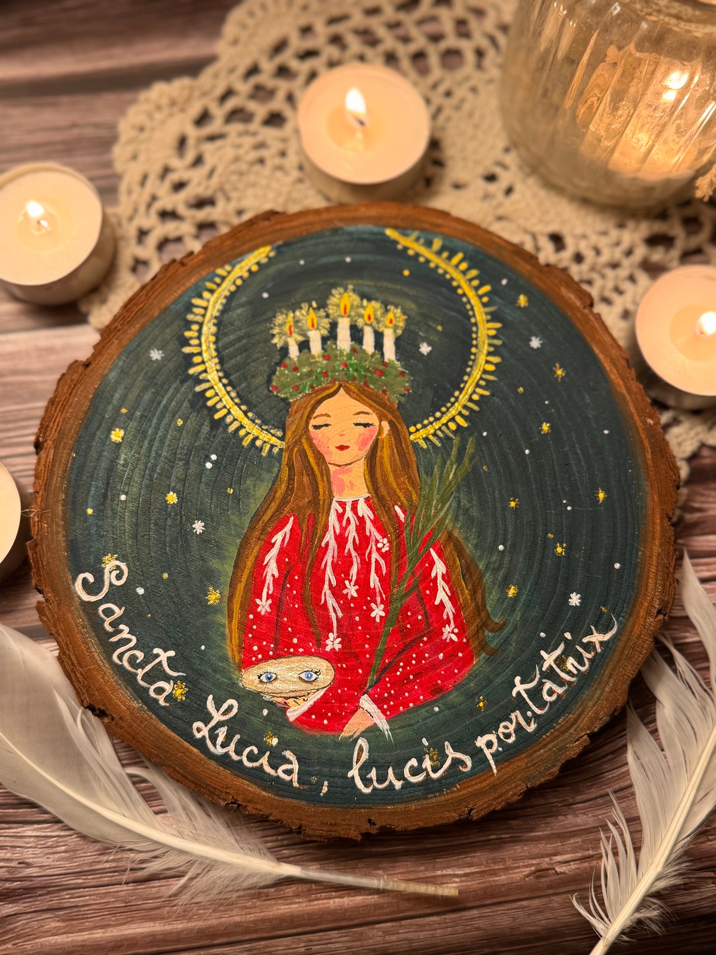 ✨Only 1✨Saint Lucy. Winter Hand painted wood slice