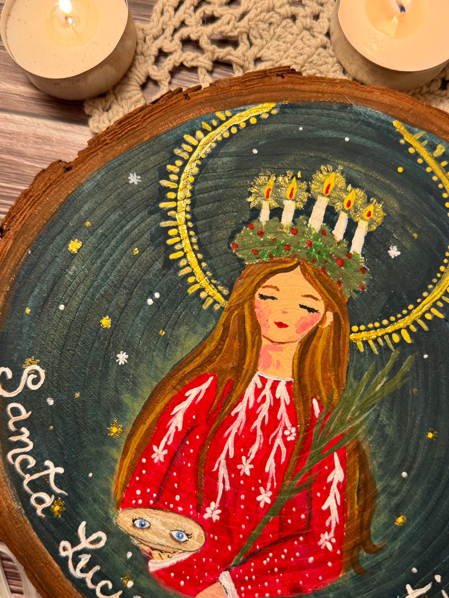 ✨Only 1✨Saint Lucy. Winter Hand painted wood slice