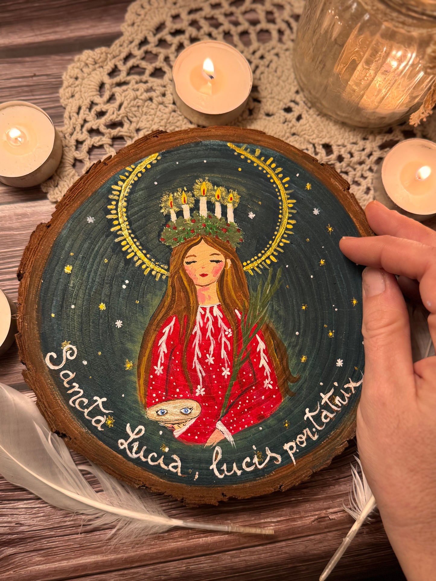 ✨Only 1✨Saint Lucy. Winter Hand painted wood slice